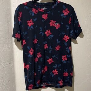 Hollister Black Tee with Red and Blue Floral Design